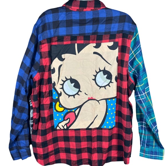 Betty Boop Tops - Betty Boop Flannel Shirt Women 1X Multicolor Plaid Colorblock Graphic Back Patch
